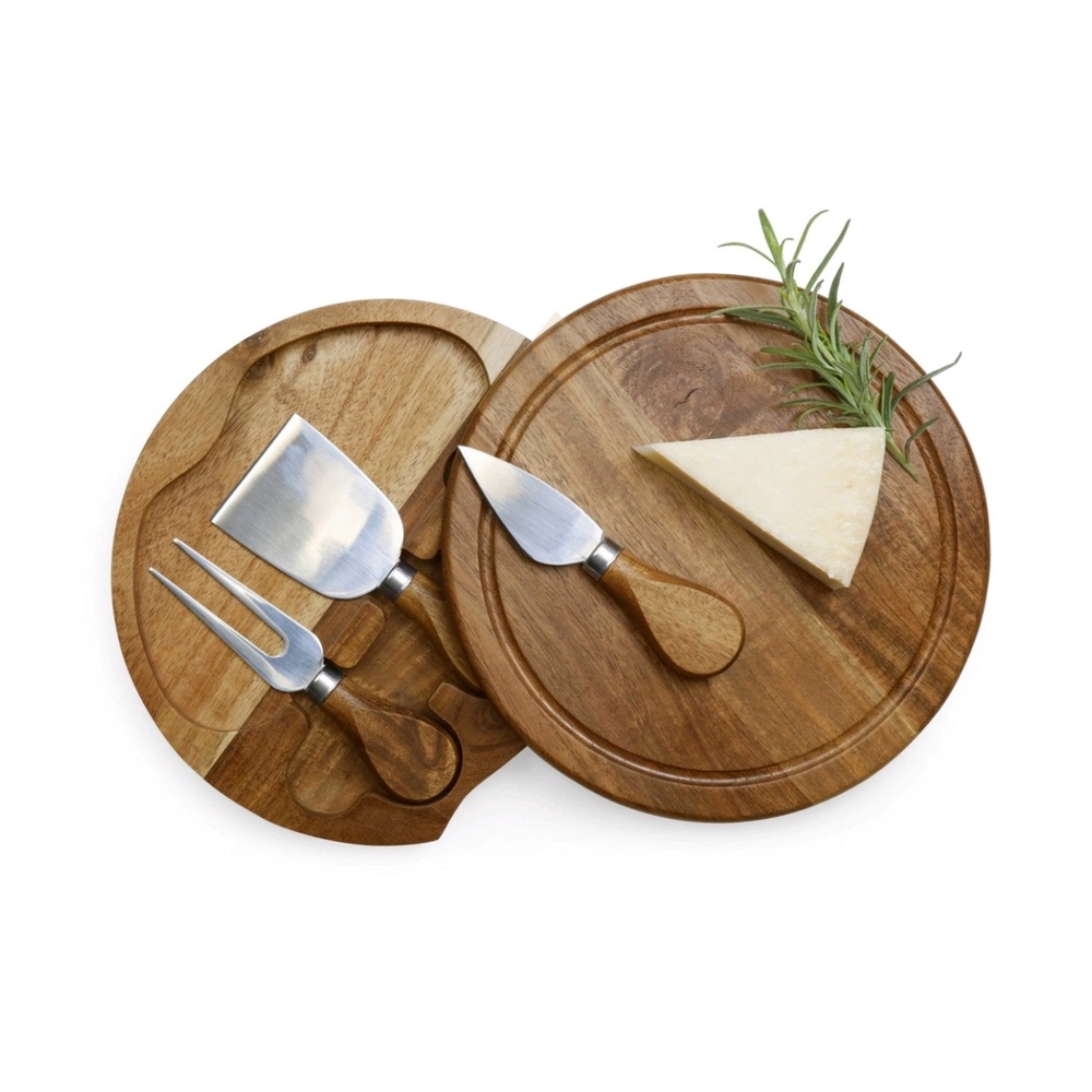 Toscana NWT 7.5" Round Acacia Wood Cheeseboard with Knives